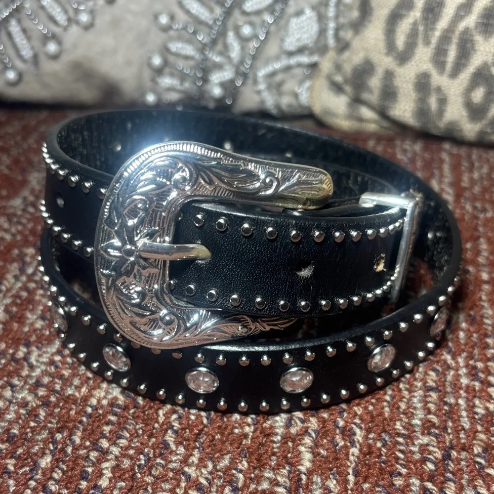 Vintage NOCONA belt Black Studded Leather Belt Silver Buckle rhinestone glamor
